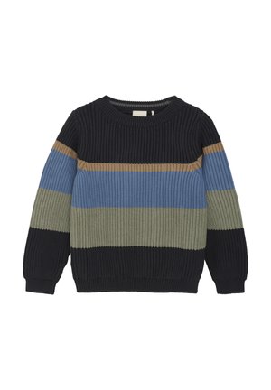 Rippstrickpullover mit horizontalen Streifen in Marineblau, Hellblau, Olivgrün und Beige, runder Ausschnitt und elastischen Bündchen.
