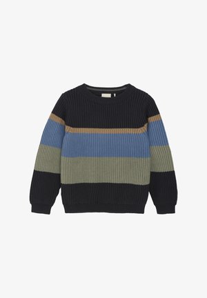 Pull en tricot côtelé avec des rayures horizontales bleu marine, bleu ciel, vert olive et beige, doté d'un col rond et de poignets élastiqués.