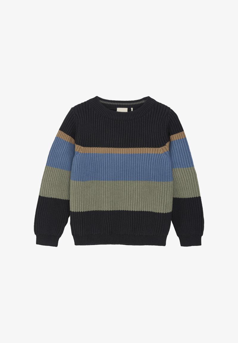 Rippstrickpullover mit horizontalen Streifen in Marineblau, Hellblau, Olivgrün und Beige, runder Ausschnitt und elastischen Bündchen.