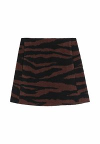 Brun kjol med ett svart tigerstrimmönster, tillverkad av mjukt tyg, med en veckad design och rak fåll.