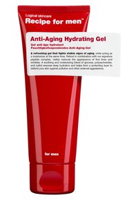 Roter Plastikschlauch mit einem Klappverschluss. Das Etikett trägt die Aufschrift "Anti-Aging Feuchtigkeitsgel" und "für Männer" in weißer Schrift und mit glänzender Oberfläche.