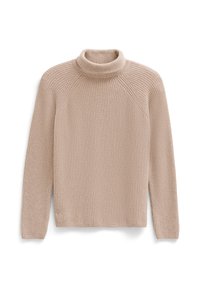 Beige Rollkragenpullover mit geripptem Muster, ausgestattet mit Raglanärmeln und einem taillierten Kragen. Weicher, warmer Stoff, der durch vertikale Muster hervorgehoben wird.