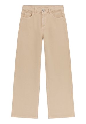 Beige weite Hosen mit frontalen Taschen, einer Knopfverschlüssen und dezenten Nähdetails. Hergestellt aus strukturiertem Baumwollstoff.