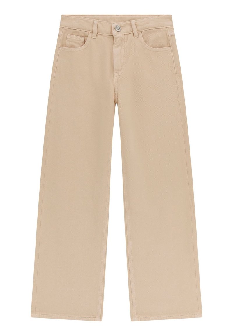 Pantaloni beige a gamba larga con tasche frontali, chiusura con bottone e dettagli di cucitura sottili. Realizzati in tessuto di cotone testurizzato.