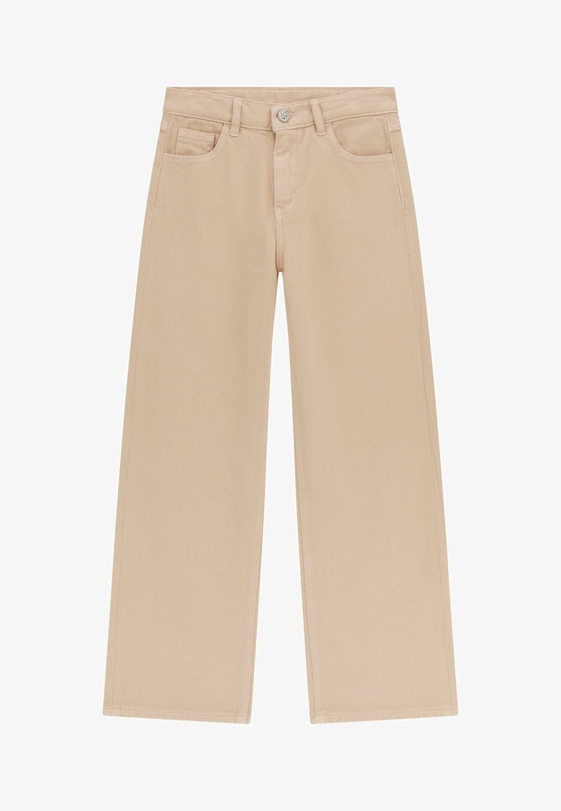 Pantaloni beige a gamba larga con tasche frontali, chiusura con bottone e dettagli di cucitura sottili. Realizzati in tessuto di cotone testurizzato.