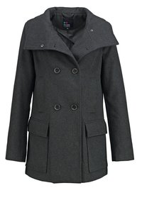 Dunkelgrauer Wollmisch-Mantel mit doppelt geknöpftem Verschluss, großen Fronttaschen und weitem Kragen. Verfügt über ein strukturiertes Finish.