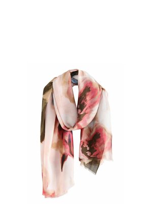 Lightweight silk scarf featuring a watercolor floral pattern in pink, cream, and dark green, with soft edges and a smooth texture.