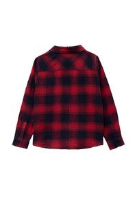 Rood en marineblauw geruit flanellen shirt, lange mouwen, knoopmanchetten, kraag en een rechte zoom, met een zachte textuur en een geruit patroon.