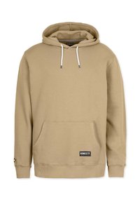 Beige Kapuzenpullover aus weichem Stoff, mit einer vorderen Kängurutasche, verstellbarem Kordelzug an der Kapuze, gerippten Bündchen und einem kleinen Markenlabel am Saum.