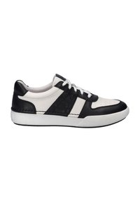 Black and white sneaker with leather and synthetic upper, round toe, lace-up closure, textured white sole, and side perforations for ventilation.