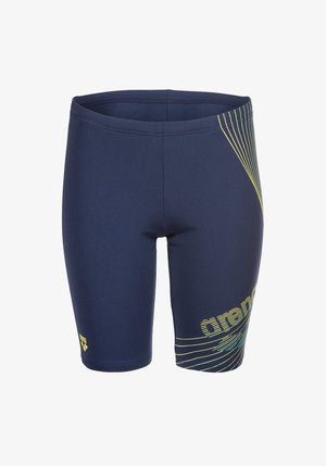 Námořnicky modré plavkové šortky z pružného materiálu, s žlutými zakřivenými liniemi a logem na levém stehně. Hladká textura a přiléhavý střih.