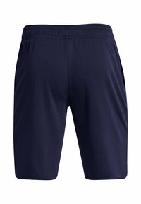 Marinblå idrottsshorts med resårmidja, sidofickor och ett mjukt, lätt material. Enkel design, inga mönster eller detaljer.