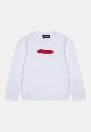 Sweatshirt blanc en coton avec des manches longues, des poignets et un ourlet côtelés. Présente un logo "DSQUARED2" en rouge en design coup de pinceau sur le devant.