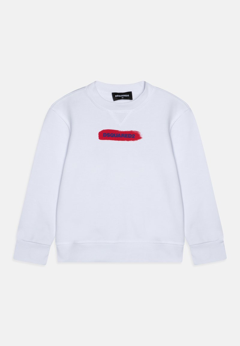 Felpa bianca in cotone con maniche lunghe, polsini e orlo a coste. Presenta un audace logo rosso "DSQUARED2" in design a pennellate sul davanti.