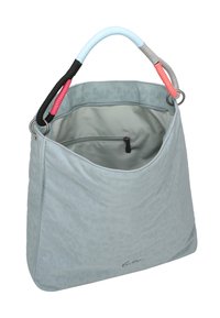 Borsa blu chiaro con superficie testurizzata e motivo leopardato. Presenta manici colorati a spirale e una tasca interna con zip.