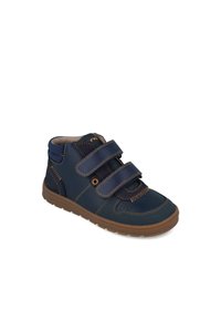 Zapatillas deportivas altas de color azul marino con dos correas de Velcro, parte superior de cuero, cuello acolchado y suela de goma con costuras decorativas.