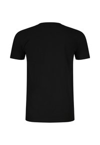 Maglietta nera a maniche corte con scollo rotondo vista da dietro su sfondo bianco.