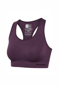 Fioletowy sportowy biustonosz wykonany z materiału z recyklingu, charakteryzujący się elastycznym dopasowaniem, designem typu racerback i subtelnym logo na taśmie.