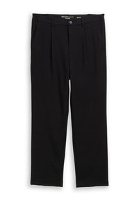 Pantaloni negri dintr-un material moale, cu o croială lejeră, două buzunare frontale și închidere cu nasture, având un mic tiv la talie.