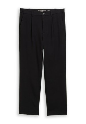 Schwarze Hosen aus weichem Stoff, mit lockerer Passform, zwei Fronttaschen und einem Knopfverschluss mit einem schmalen Bund.