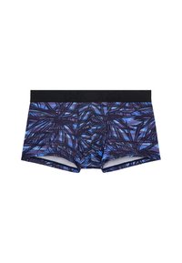 Herenboxershort met een zwarte tailleband en een blauw-paarse abstracte palmbladprint.