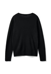 Czarny sweter dzianinowy z okrągłym dekoltem, długimi rękawami i prążkowanymi mankietami. Miękka tekstura, bez widocznych wzorów ani akcentów, widok z tyłu.