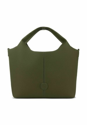 Olijfgroene gestructureerde leren handtas met geïntegreerde korte handvaten en een klein rond logo vlak bij het onderste midden.