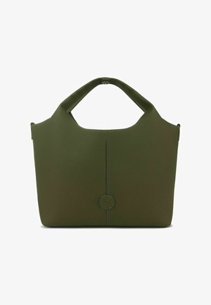 Olijfgroene gestructureerde leren handtas met geïntegreerde korte handvaten en een klein rond logo vlak bij het onderste midden.