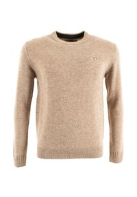 Pull en tricot beige avec col rond, bords côtes aux poignets et à l'ourlet, présentant un petit logo sur la poitrine, confectionné dans un matériau doux et texturé.