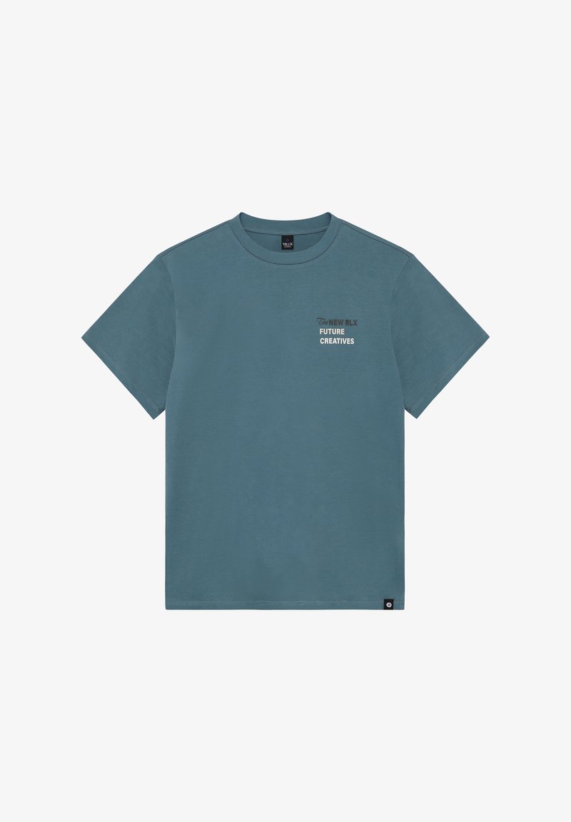 Turquoise katoenen T-shirt met ronde hals. Voorzien van de tekst "The NEW RLX" en "FUTURE CREATIVES" in contrasterende kleuren op de borst. Klassieke pasvorm.