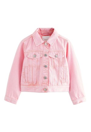 Veste en jean rose clair pour enfants avec boutons argentés, deux poches poitrine à rabat, poches latérales fendues et col classique.