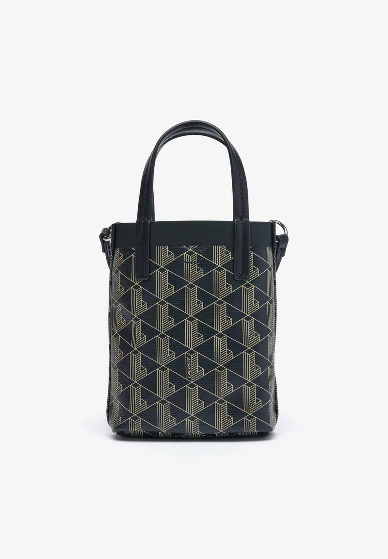 Sac fourre-tout en cuir noir avec un motif géométrique doré, poignées doubles et une poche zippée sur le côté. Présente une forme rectangulaire structurée.