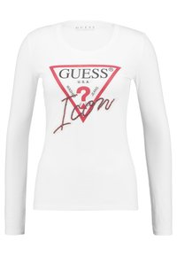Maglietta bianca a maniche lunghe con un logo triangolare rosso e testo "GUESS", caratterizzata da un design scintillante "I ♥ U" in strass.