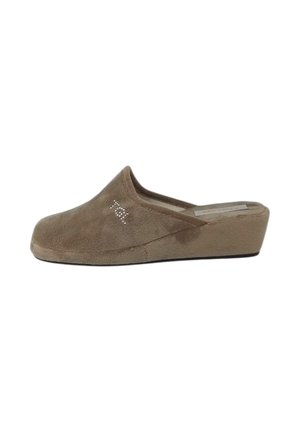 Pantofole a zeppa in morbido tessuto beige con una superficie liscia, caratterizzate da un accento decorativo e un design aperto sul retro per una facile vestibilità.