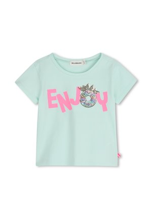 Lichtblauw kinder-T-shirt met korte mouwen, met roze tekst "ENJOY" en een geplooide ananas die de letter "O" op de voorkant vervangt.