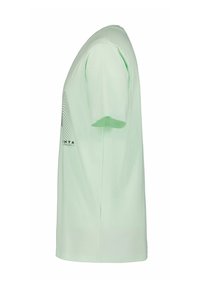 T-shirt mint vert à manches courtes, en coton doux, présentant un design graphique noir sur le devant et une coupe droite avec un col rond.