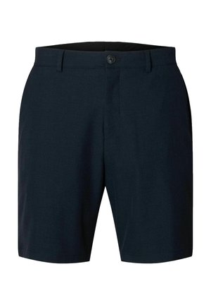 Pantalones cortos azul marino, entallados, con cierre de botón, trabillas para cinturón y bolsillos laterales, de largo hasta la rodilla y confeccionados en una tela suave.