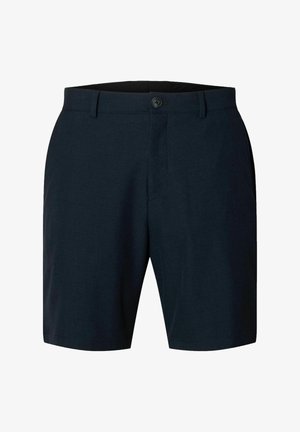 Pantalones cortos azul marino, entallados, con cierre de botón, trabillas para cinturón y bolsillos laterales, de largo hasta la rodilla y confeccionados en una tela suave.