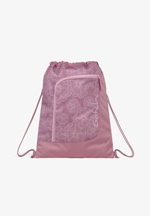 Rosa Rucksack mit Kordelzug, floralem Muster, Front-Reißverschlusstasche und dem Markennamen „Satch“, der vertikal auf der Tasche aufgedruckt ist.