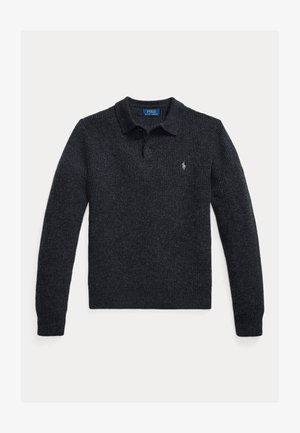 Knitted dark grey sweater with a polo collar, long sleeves, three-button placket, and small embroidered logo on the chest.