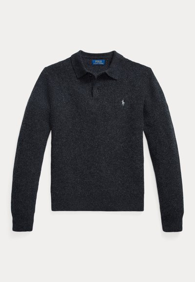 Knitted dark grey sweater with a polo collar, long sleeves, three-button placket, and small embroidered logo on the chest.