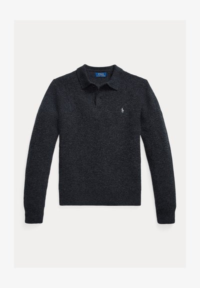 Knitted dark grey sweater with a polo collar, long sleeves, three-button placket, and small embroidered logo on the chest.