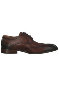 Brown leather dress shoe with a smooth finish, round toe, perforated detailing, and a flat lace-up closure. Features a stacked heel.