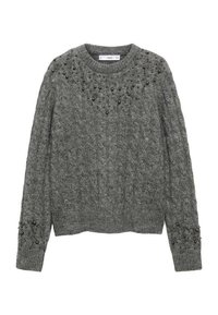 Grauer gestrickter Pullover mit einem Zopfstrickmuster, Rundhalsausschnitt und mit Perlen an den Schultern und Bündchen verziert.