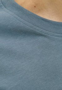 Lys blå bomulds t-shirt med rund halsudskæring, der har en glat tekstur og tæt vævet stof, med fine syninger langs kanterne.