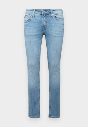 Light blue denim jeans with a slim fit, button and zip closure, front and back pockets, and slightly faded texture.