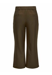 Pantalones marrones anchos y cropped con cintura elástica, trabillas para cinturón y dos bolsillos de ojal traseros.