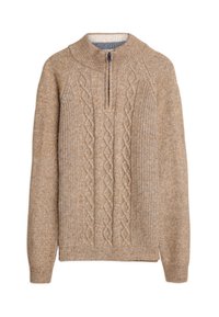 Pull en maille beige avec un col zippé, arborant un design en tricot torsadé et des poignets et un ourlet côtelés. Fabriqué en tissu doux et texturé.