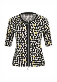 Krótki kardigan z krótkim rękawem, wykonany z elastycznego materiału, z nieregularnym wzorem zwierzęcym w kolorach czarnym, białym i oliwkowym, z centralnym zamkiem błyskawicznym i okrągłym uchwytem.