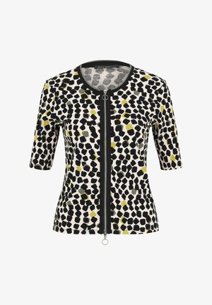 Krótki kardigan z krótkim rękawem, wykonany z elastycznego materiału, z nieregularnym wzorem zwierzęcym w kolorach czarnym, białym i oliwkowym, z centralnym zamkiem błyskawicznym i okrągłym uchwytem.